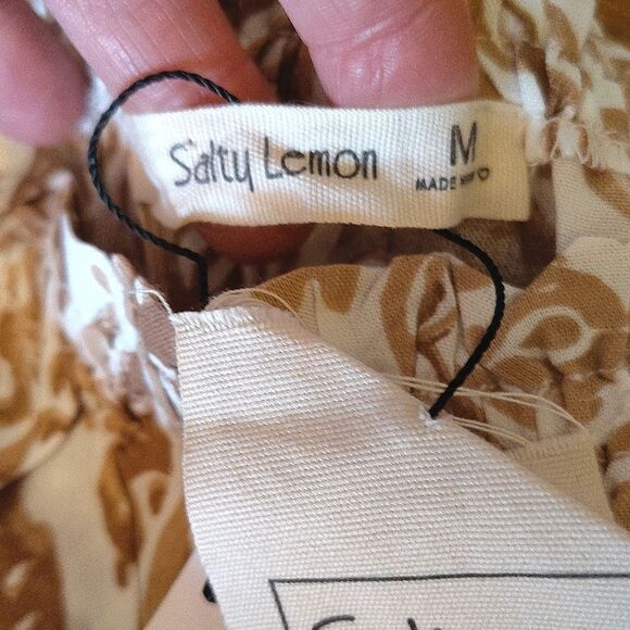 Salty Lemon Brown White Geometric Print Strapless Maxi Tiered Dress Large NWT - Picture 12 of 16